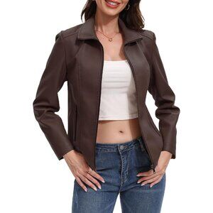 Women Coffee Faux Leather Motorcycle Jacket Zip Up Trendy Going Out Coat